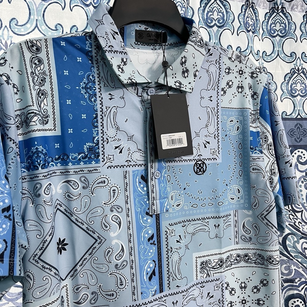 NWT G/Fore G4 Men's LARGE Golf Polo Shirt Bandana Tech Pique Blue Paisley Sky